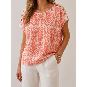 Rachel Zoe Linen Blend Coral Tropical Leaf Print Top Button Shoulder Size L